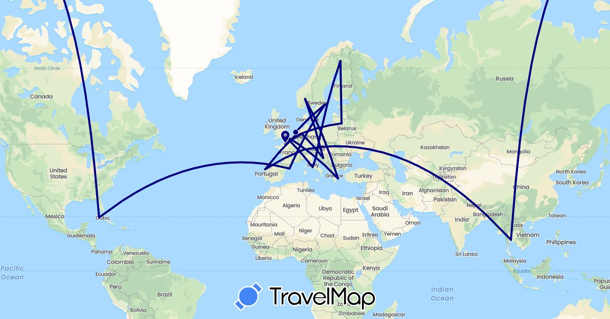 TravelMap itinerary: driving in Austria, Bosnia and Herzegovina, Belgium, Switzerland, Cuba, Germany, Spain, Finland, France, United Kingdom, Greece, Croatia, Italy, Lithuania, Netherlands, Norway, Portugal, Sweden, Thailand (Asia, Europe, North America)